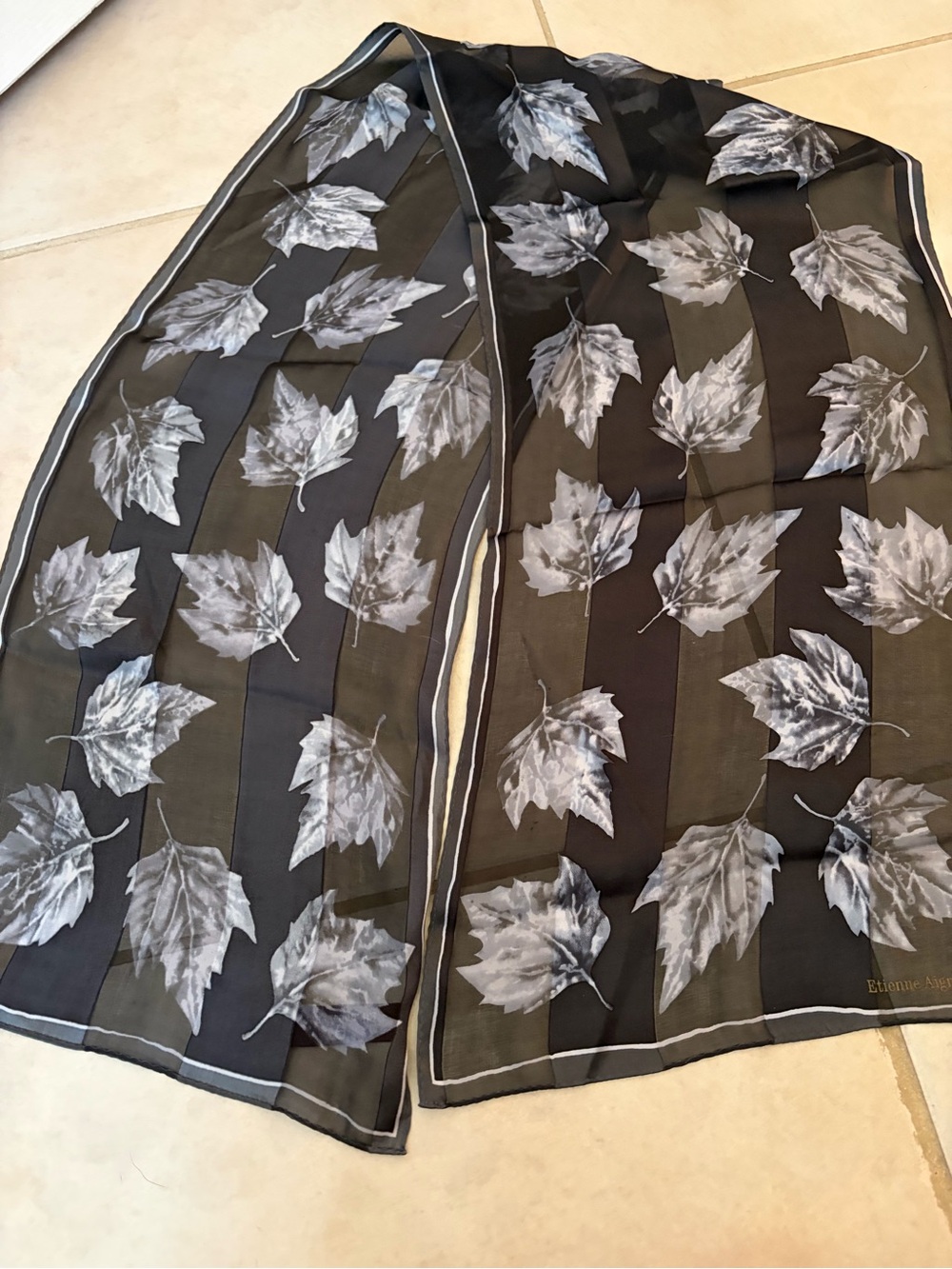 Etienne Aigner Black Sheer Scarf with Gray Leaf Print